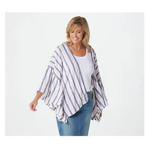 Laurie Felt Striped Linen Blend Cardigan Open Front Shrug with Sleeves Size XL